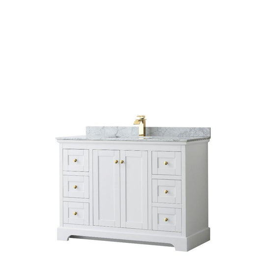 Wyndham Collection Avery 48" White Single Bathroom Vanity, White Carrara Marble Countertop With 1-Hole Faucet, Square Sink, Gold Trims