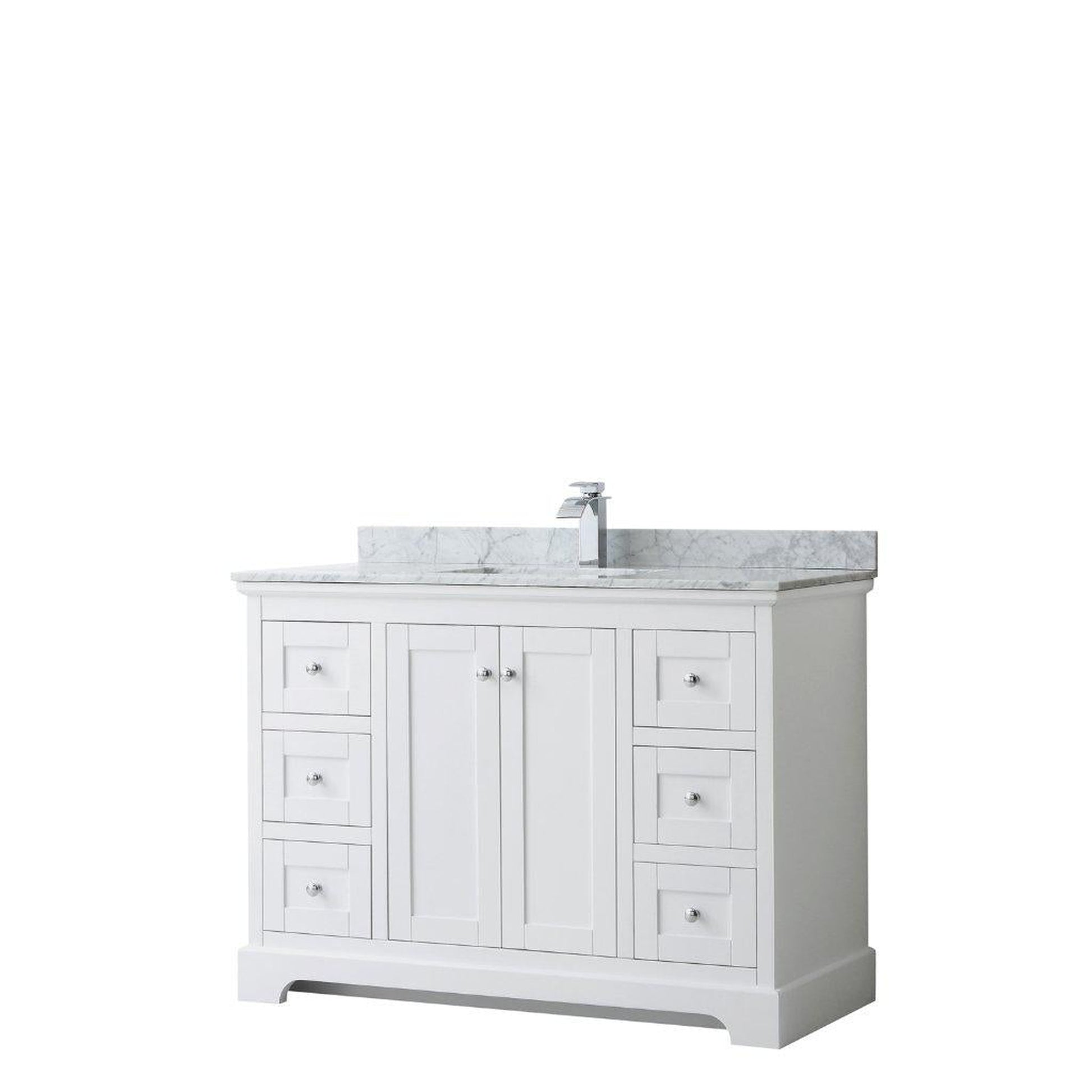 Wyndham Collection Avery 48" White Single Bathroom Vanity, White Carrara Marble Countertop With 1-Hole Faucet, Square Sink, Polished Chrome Trims