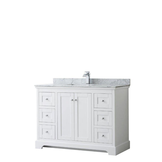 Wyndham Collection Avery 48" White Single Bathroom Vanity, White Carrara Marble Countertop With 1-Hole Faucet, Square Sink, Polished Chrome Trims