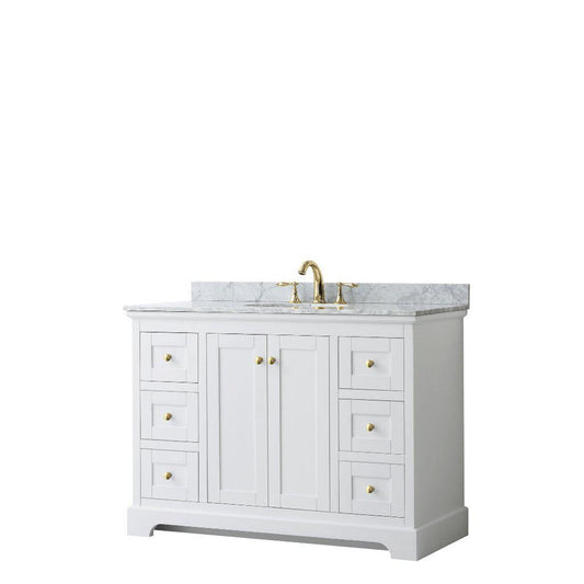 Wyndham Collection Avery 48" White Single Bathroom Vanity, White Carrara Marble Countertop With 3-Hole Faucet, 8" Oval Sink, Gold Trims