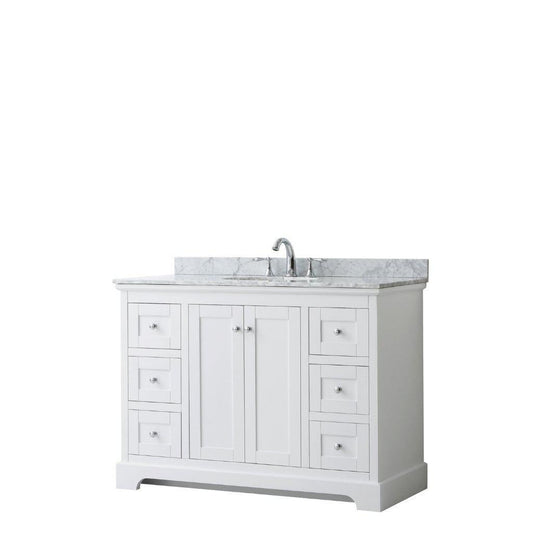 Wyndham Collection Avery 48" White Single Bathroom Vanity, White Carrara Marble Countertop With 3-Hole Faucet, 8" Oval Sink, Polished Chrome Trims