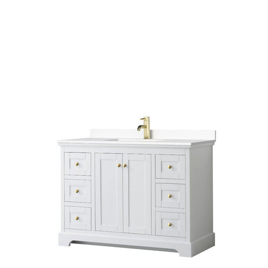 Wyndham Collection Avery 48" White Single Bathroom Vanity, White Cultured Marble Countertop With 1-Hole Faucet, Square Sink, Gold Trims