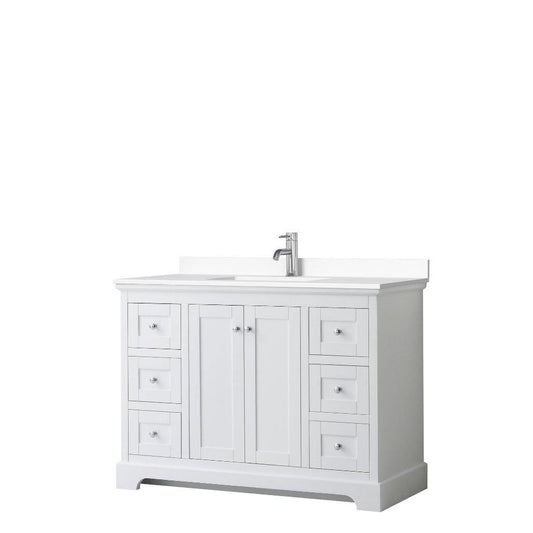 Wyndham Collection Avery 48" White Single Bathroom Vanity, White Cultured Marble Countertop With 1-Hole Faucet, Square Sink, Polished Chrome Trims