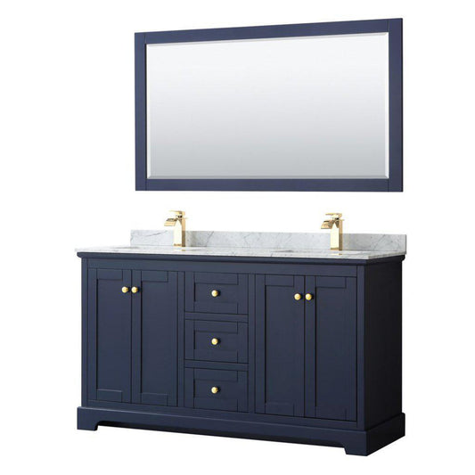Wyndham Collection Avery 60" Dark Blue Double Bathroom Vanity Set With White Carrara Marble Countertop With 1-Hole Faucet And Square Sink And 58" Mirror