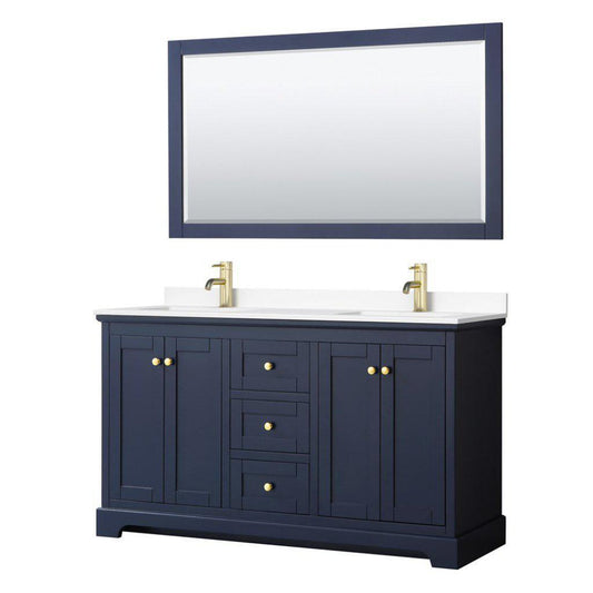 Wyndham Collection Avery 60" Dark Blue Double Bathroom Vanity Set With White Cultured Marble Countertop With 1-Hole Faucet And Square Sink And 58" Mirror