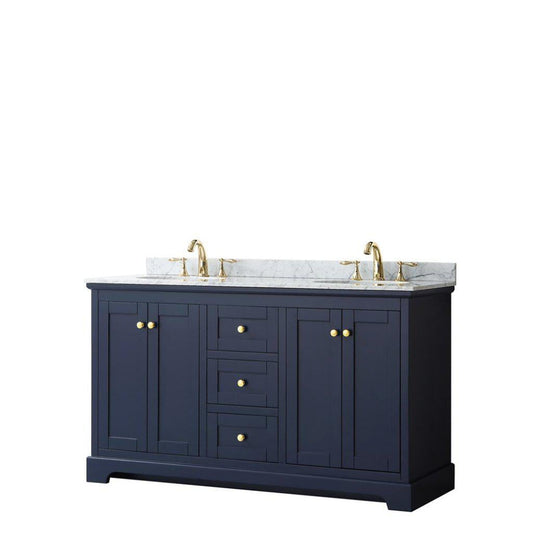 Wyndham Collection Avery 60" Dark Blue Double Bathroom Vanity With White Carrara Marble Countertop With 3-Hole Faucet And 8" Oval Sink