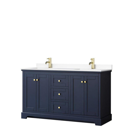 Wyndham Collection Avery 60" Dark Blue Double Bathroom Vanity With White Cultured Marble Countertop With 1-Hole Faucet And Square Sink