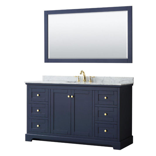 Wyndham Collection Avery 60" Dark Blue Single Bathroom Vanity Set With White Carrara Marble Countertop With 3-Hole Faucet And 8" Oval Sink And 58" Mirror