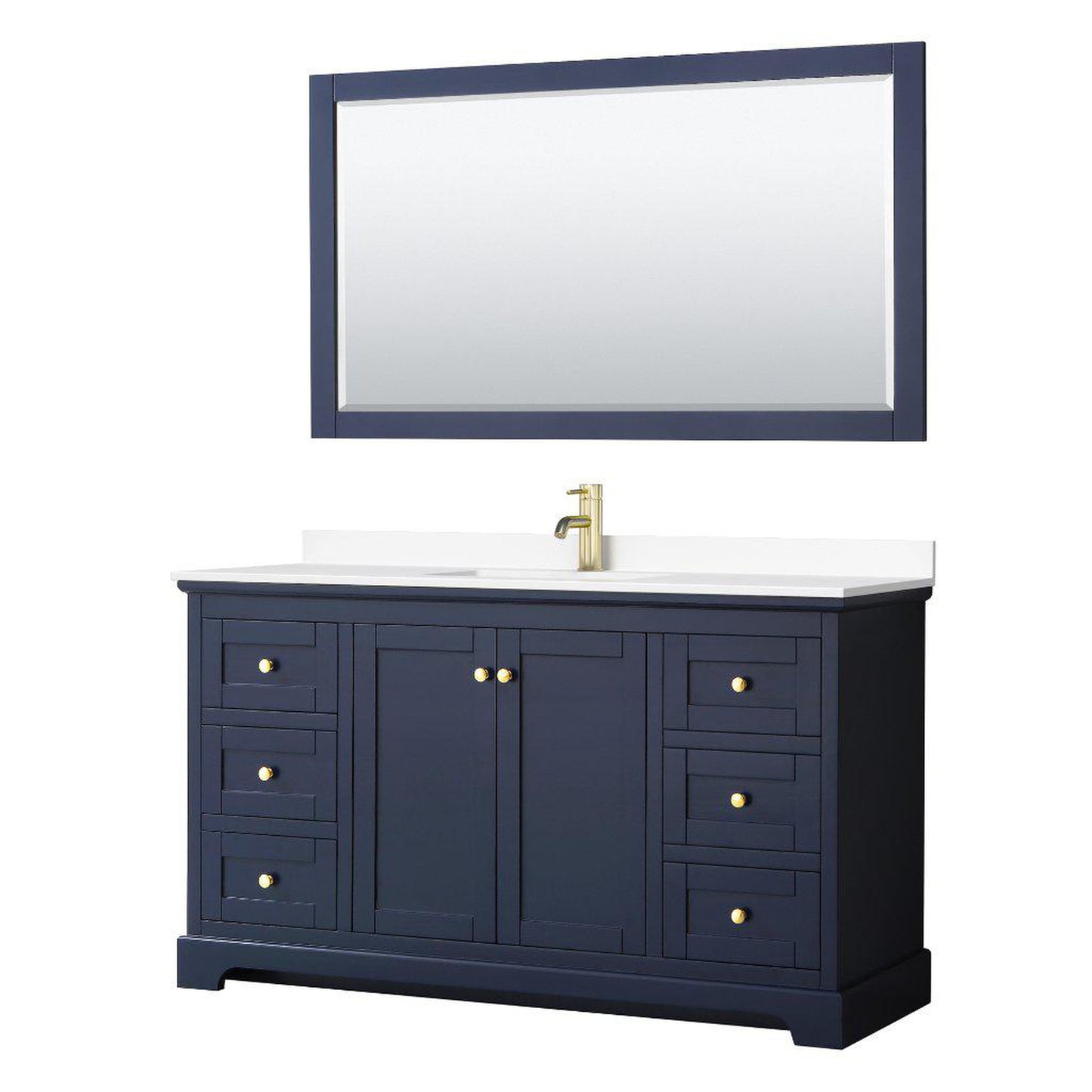 Wyndham Collection Avery 60" Dark Blue Single Bathroom Vanity Set With White Cultured Marble Countertop With 1-Hole Faucet And Square Sink And 58" Mirror