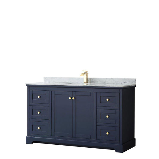 Wyndham Collection Avery 60" Dark Blue Single Bathroom Vanity With White Carrara Marble Countertop With 1-Hole Faucet And Square Sink