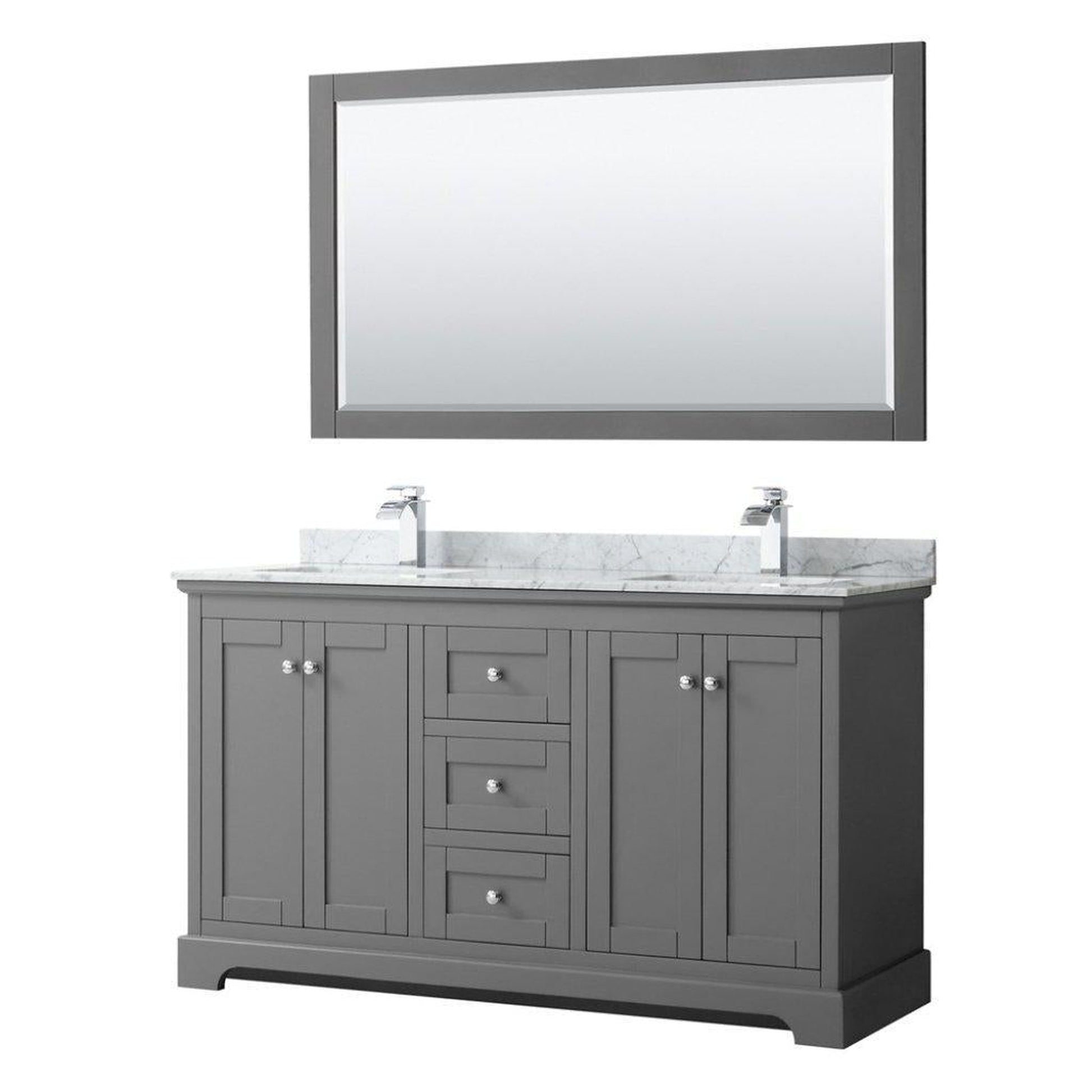 Wyndham Collection Avery 60" Dark Gray Double Bathroom Vanity Set With White Carrara Marble Countertop With 1-Hole Faucet And Square Sink And 58" Mirror