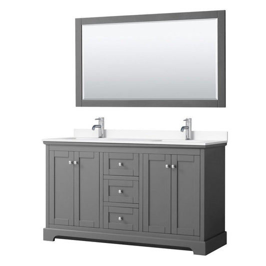 Wyndham Collection Avery 60" Dark Gray Double Bathroom Vanity Set With White Cultured Marble Countertop With 1-Hole Faucet And Square Sink And 58" Mirror