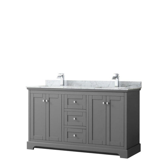 Wyndham Collection Avery 60" Dark Gray Double Bathroom Vanity With White Carrara Marble Countertop With 1-Hole Faucet And Square Sink