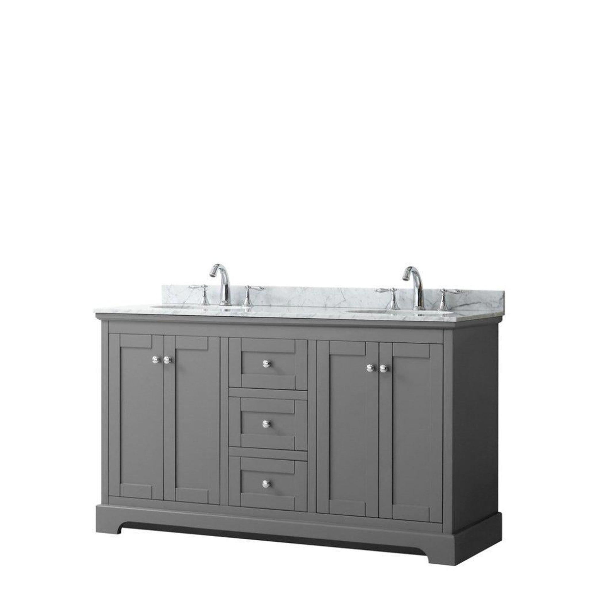 Wyndham Collection Avery 60" Dark Gray Double Bathroom Vanity With White Carrara Marble Countertop With 3-Hole Faucet And 8" Oval Sink