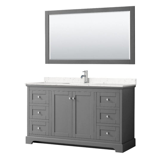 Wyndham Collection Avery 60" Dark Gray Single Bathroom Vanity Set With Light-Vein Cultured Marble Countertop With 1-Hole Faucet And Square Sink And 58" Mirror