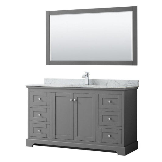 Wyndham Collection Avery 60" Dark Gray Single Bathroom Vanity Set With White Carrara Marble Countertop With 1-Hole Faucet And Square Sink And 58" Mirror