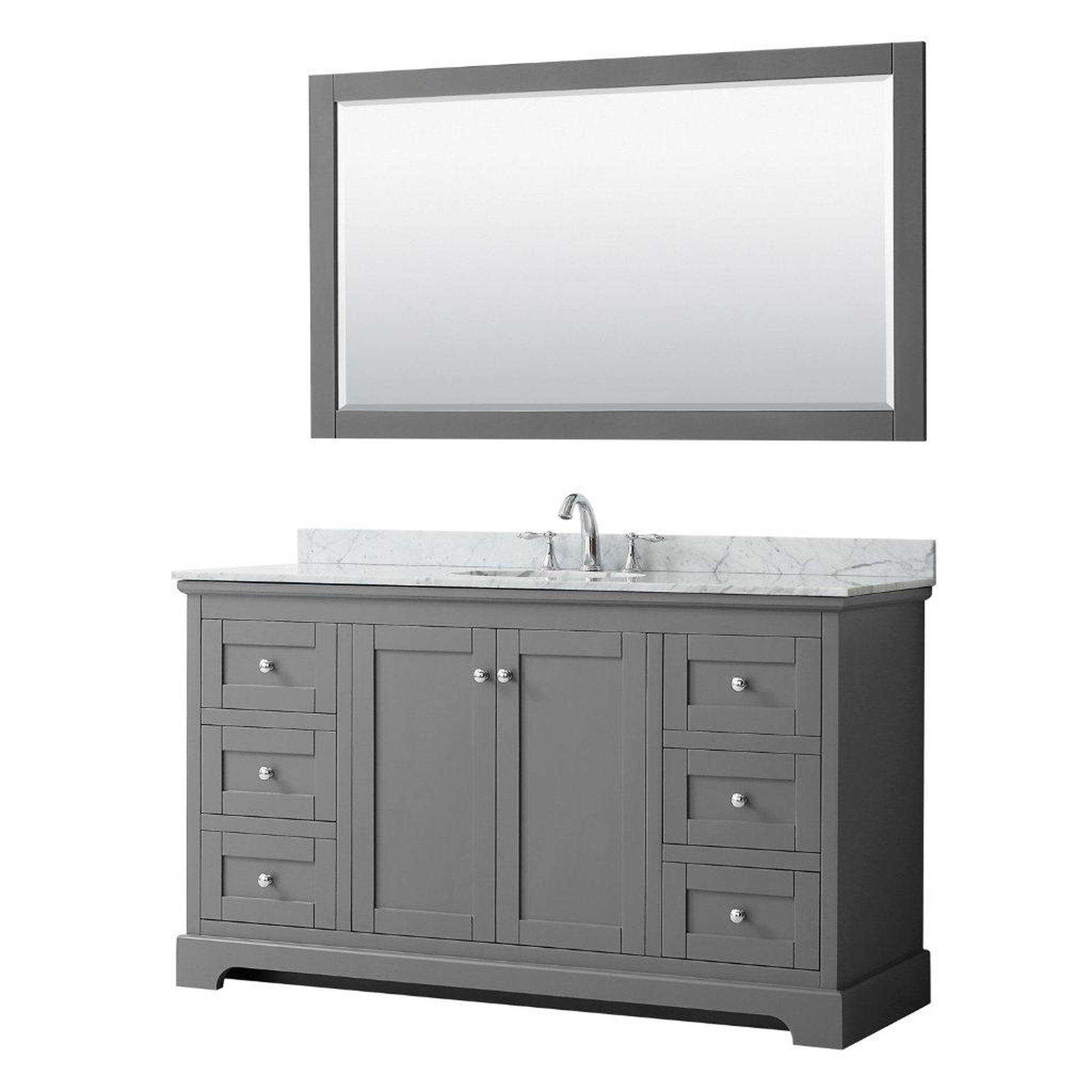 Wyndham Collection Avery 60" Dark Gray Single Bathroom Vanity Set With White Carrara Marble Countertop With 3-Hole Faucet And 8" Oval Sink And 58" Mirror