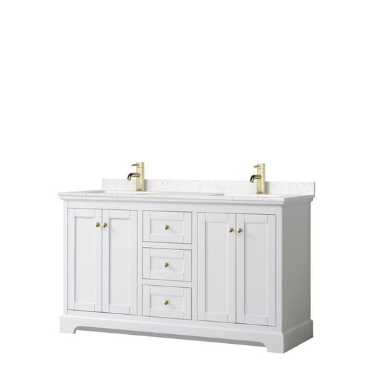 Wyndham Collection Avery 60" White Double Bathroom Vanity, Light-Vein Carrara Cultured Marble Countertop With 1-Hole Faucet, Square Sink, Gold Trims
