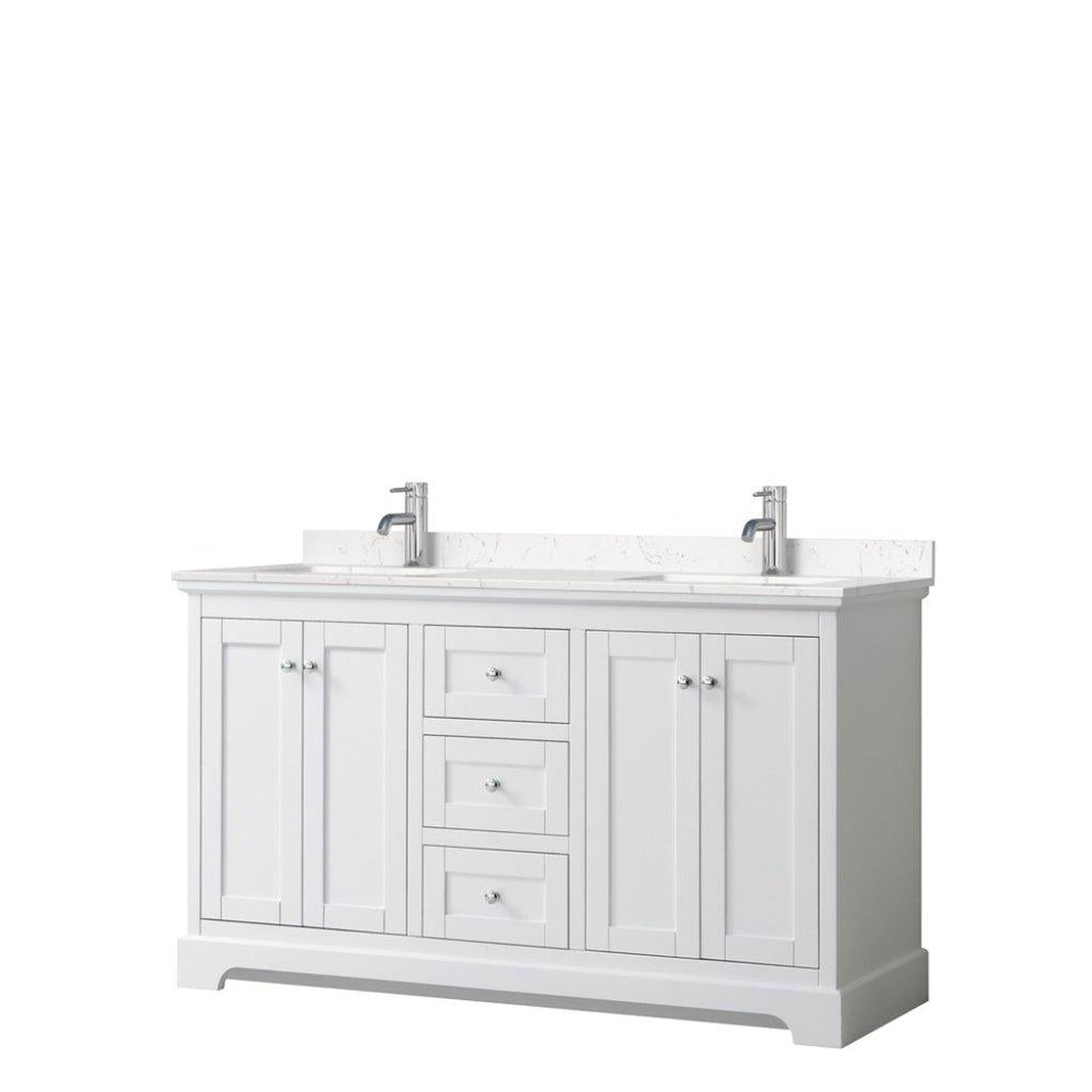 Wyndham Collection Avery 60" White Double Bathroom Vanity, Light-Vein Carrara Cultured Marble Countertop With 1-Hole Faucet, Square Sink, Polished Chrome Trims