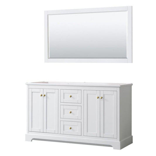 Wyndham Collection Avery 60" White Double Bathroom Vanity Set, 58" Mirror, Gold Trims