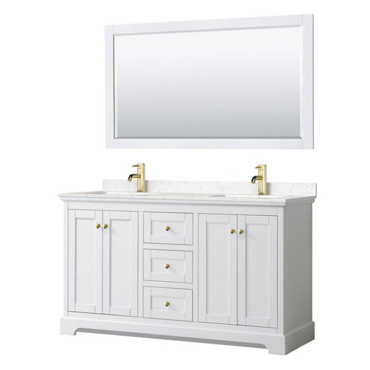 Wyndham Collection Avery 60" White Double Bathroom Vanity Set, Light-Vein Carrara Cultured Marble Countertop With 1-Hole Faucet, Square Sink, 58" Mirror, Gold Trims