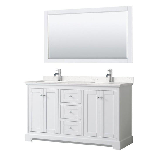 Wyndham Collection Avery 60" White Double Bathroom Vanity Set, Light-Vein Carrara Cultured Marble Countertop With 1-Hole Faucet, Square Sink, 58" Mirror, Polished Chrome Trims