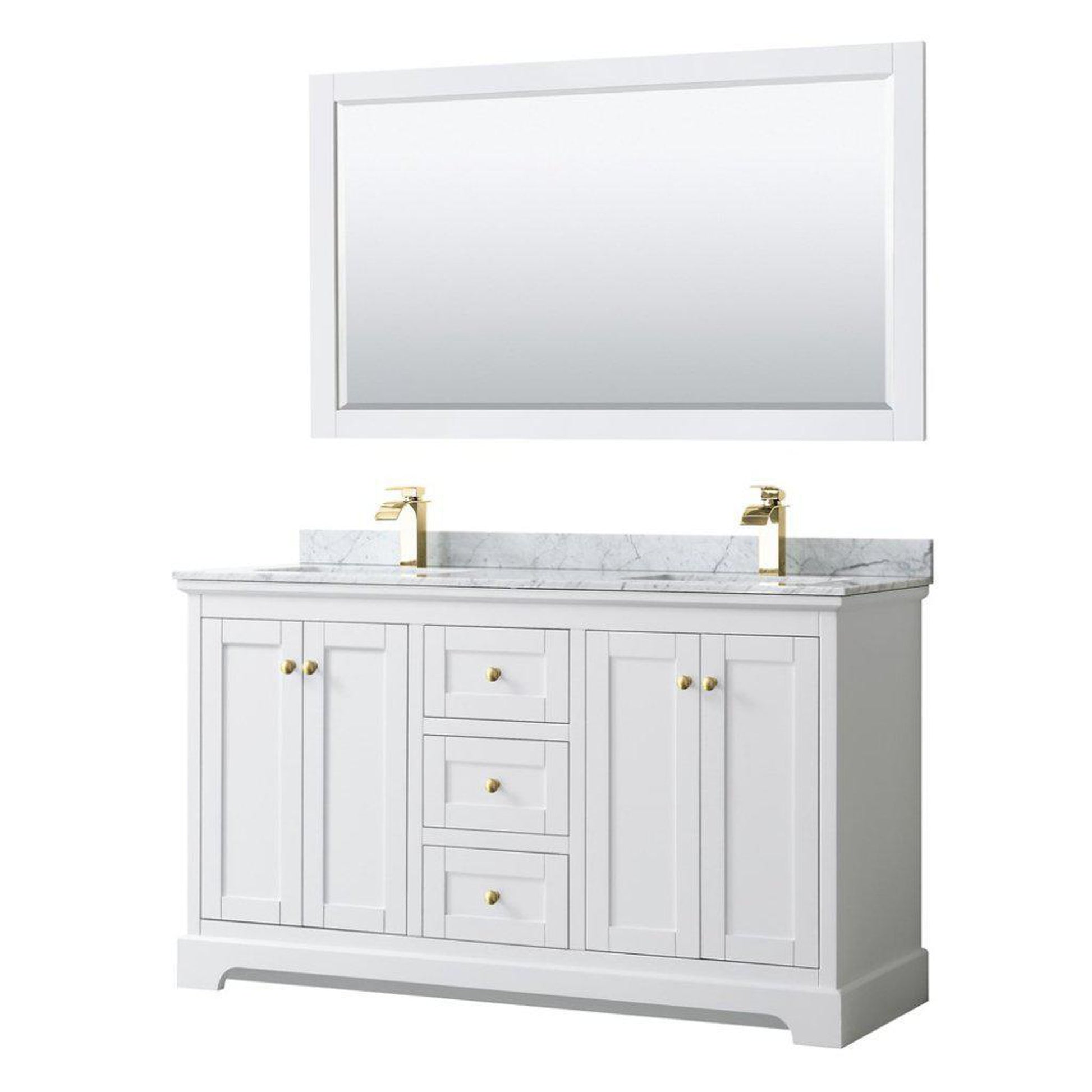 Wyndham Collection Avery 60" White Double Bathroom Vanity Set, White Carrara Marble Countertop With 1-Hole Faucet, Square Sink, 58" Mirror, Gold Trims
