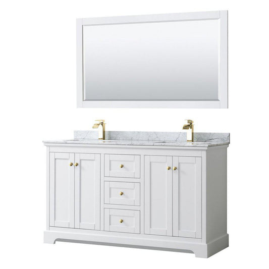 Wyndham Collection Avery 60" White Double Bathroom Vanity Set, White Carrara Marble Countertop With 1-Hole Faucet, Square Sink, 58" Mirror, Gold Trims