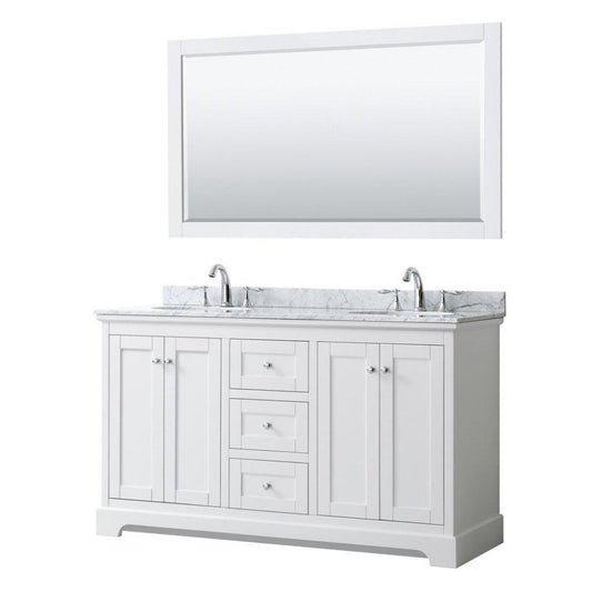 Wyndham Collection Avery 60" White Double Bathroom Vanity Set, White Carrara Marble Countertop With 3-Hole Faucet, 8" Oval Sink, 58" Mirror, Polished Chrome Trims