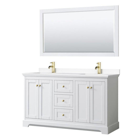 Wyndham Collection Avery 60" White Double Bathroom Vanity Set, White Cultured Marble Countertop With 1-Hole Faucet, Square Sink, 58" Mirror, Gold Trims