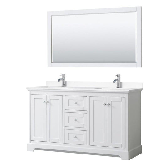Wyndham Collection Avery 60" White Double Bathroom Vanity Set, White Cultured Marble Countertop With 1-Hole Faucet, Square Sink, 58" Mirror, Polished Chrome Trims