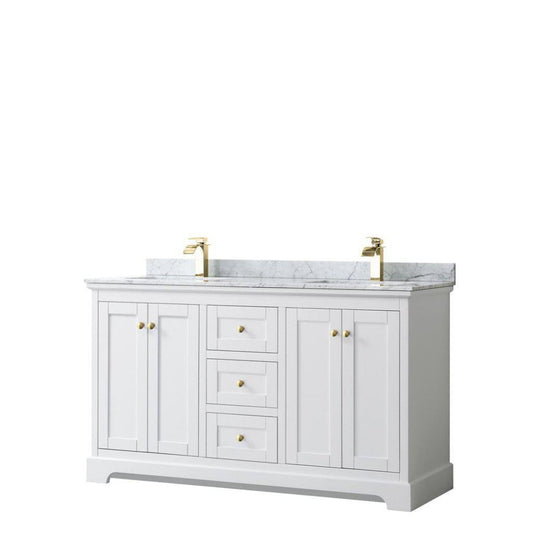 Wyndham Collection Avery 60" White Double Bathroom Vanity, White Carrara Marble Countertop With 1-Hole Faucet, Square Sink, Gold Trims