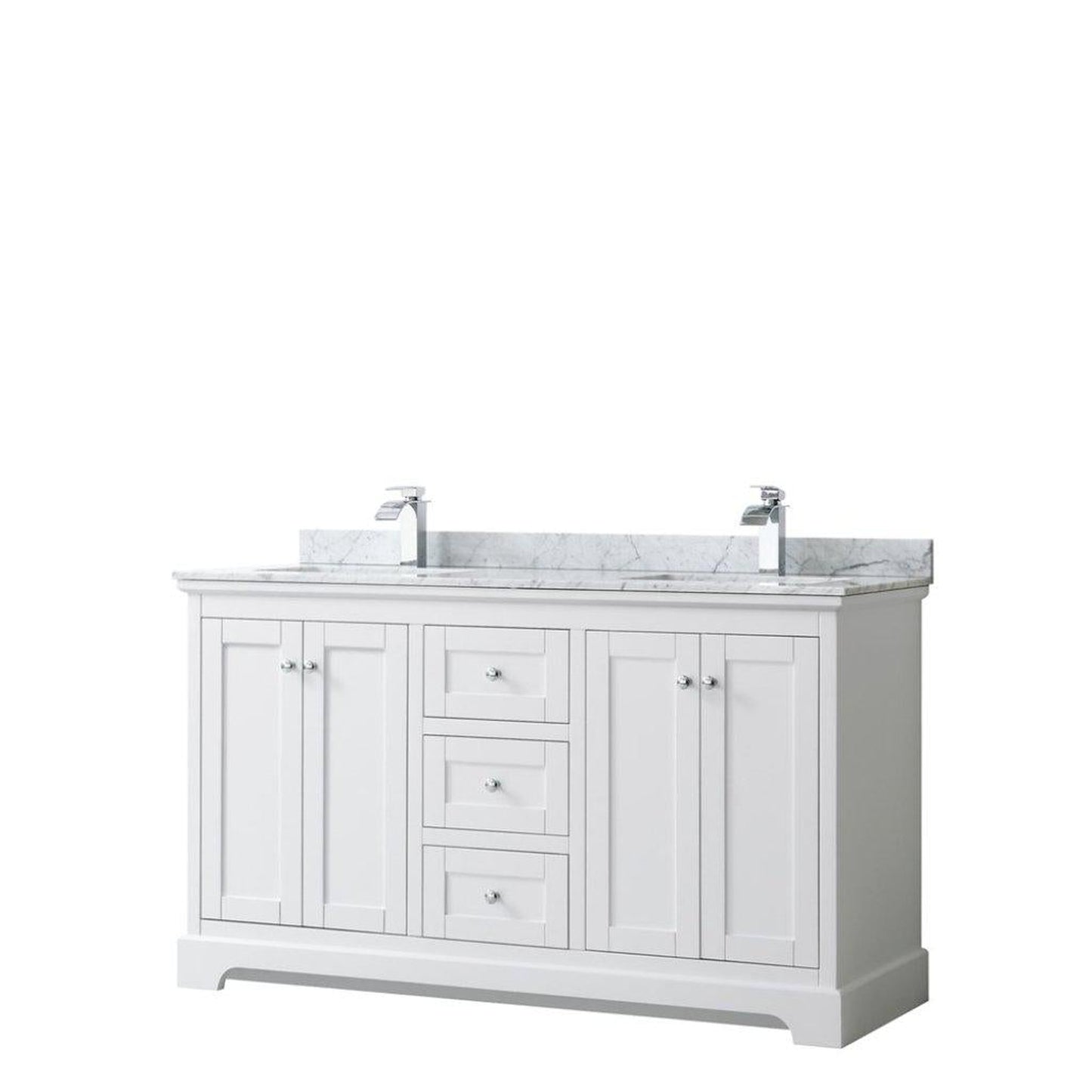 Wyndham Collection Avery 60" White Double Bathroom Vanity, White Carrara Marble Countertop With 1-Hole Faucet, Square Sink, Polished Chrome Trims