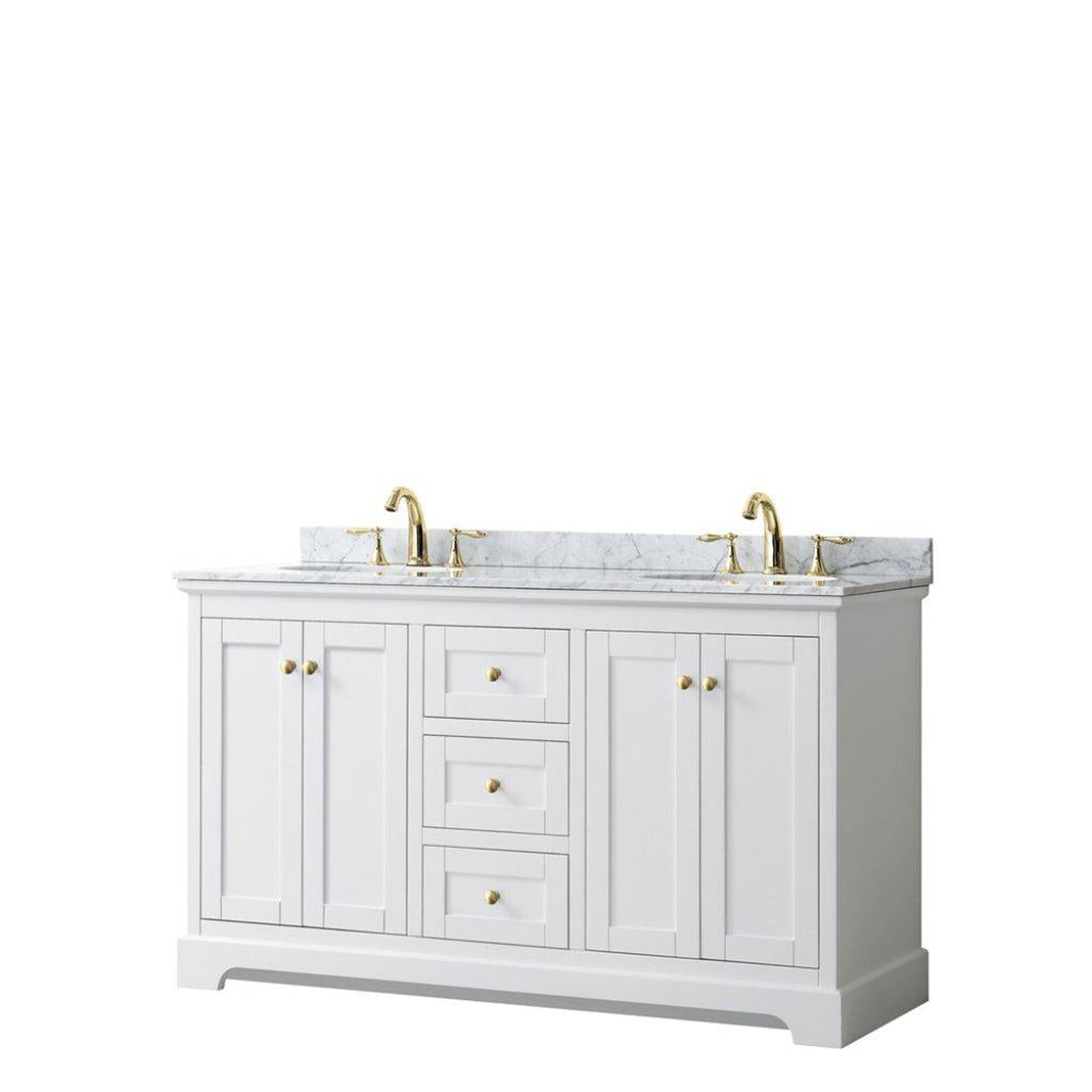 Wyndham Collection Avery 60" White Double Bathroom Vanity, White Carrara Marble Countertop With 3-Hole Faucet, 8" Oval Sink, Gold Trims