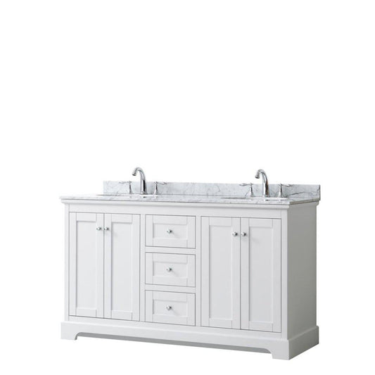 Wyndham Collection Avery 60" White Double Bathroom Vanity, White Carrara Marble Countertop With 3-Hole Faucet, 8" Oval Sink, Polished Chrome Trims