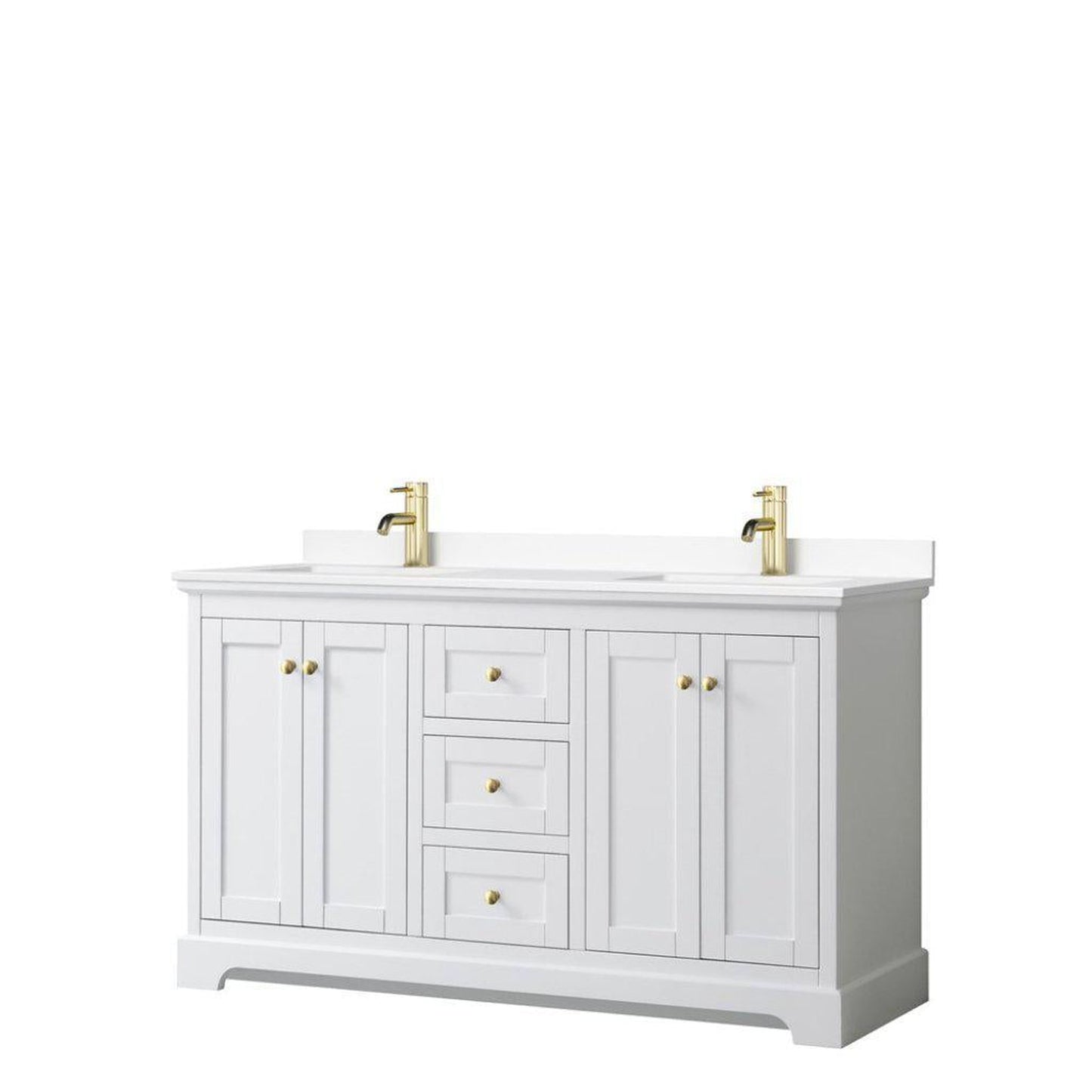 Wyndham Collection Avery 60" White Double Bathroom Vanity, White Cultured Marble Countertop With 1-Hole Faucet, Square Sink, Gold Trims