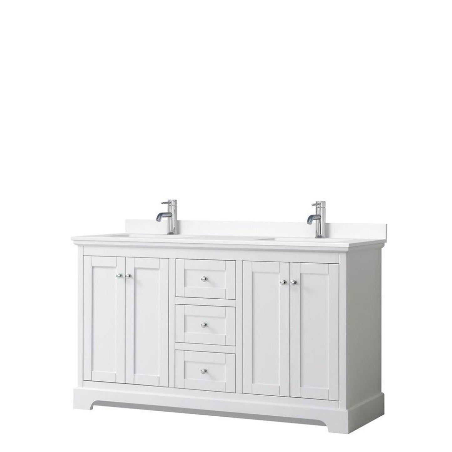 Wyndham Collection Avery 60" White Double Bathroom Vanity, White Cultured Marble Countertop With 1-Hole Faucet, Square Sink, Polished Chrome Trims