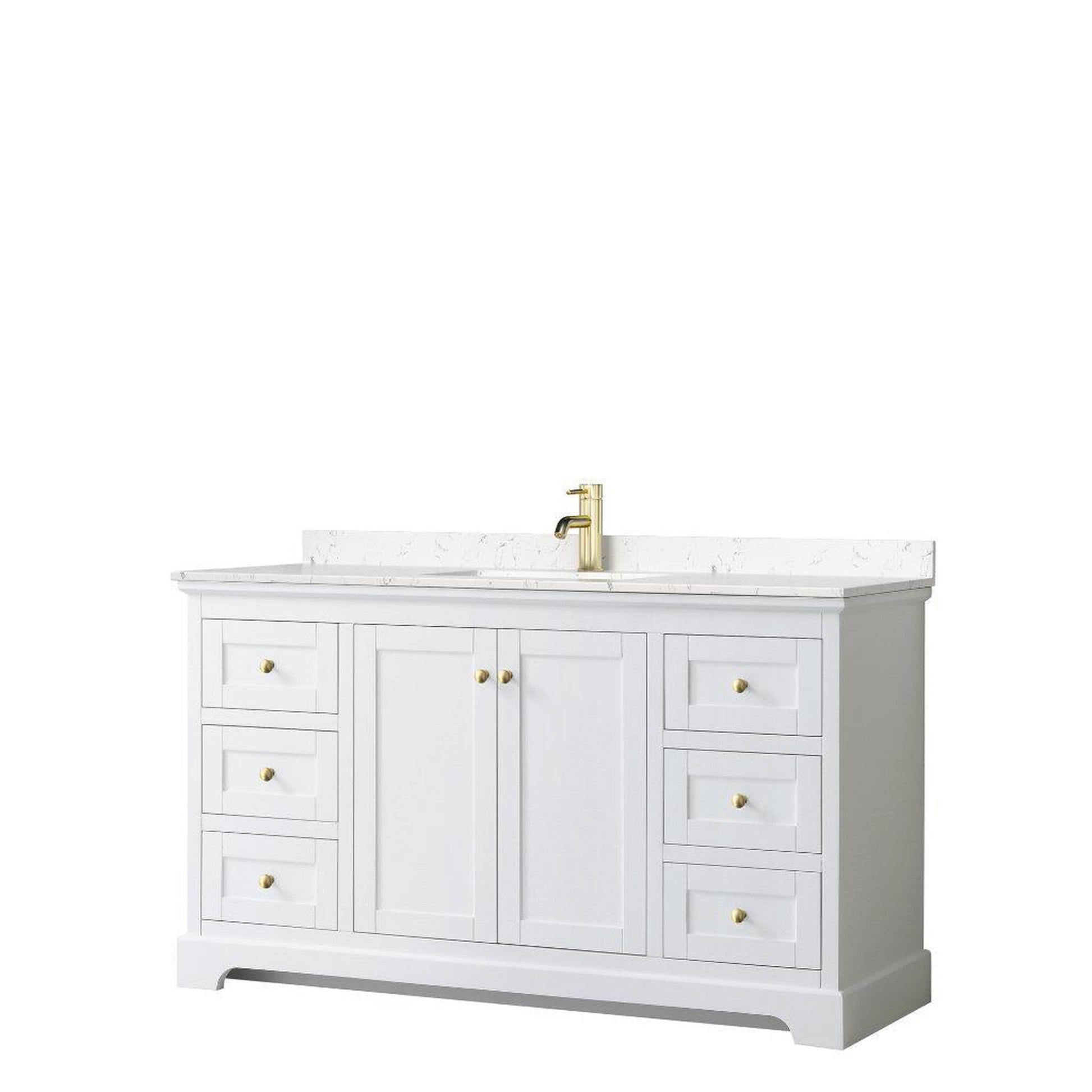 Wyndham Collection Avery 60" White Single Bathroom Vanity, Light-Vein Carrara Cultured Marble Countertop With 1-Hole Faucet, Square Sink, Gold Trims