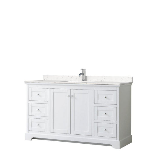 Wyndham Collection Avery 60" White Single Bathroom Vanity, Light-Vein Carrara Cultured Marble Countertop With 1-Hole Faucet, Square Sink, Polished Chrome Trims