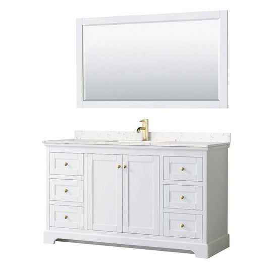 Wyndham Collection Avery 60" White Single Bathroom Vanity Set, Light-Vein Carrara Cultured Marble Countertop With 1-Hole Faucet, Square Sink, 58" Mirror, Gold Trims