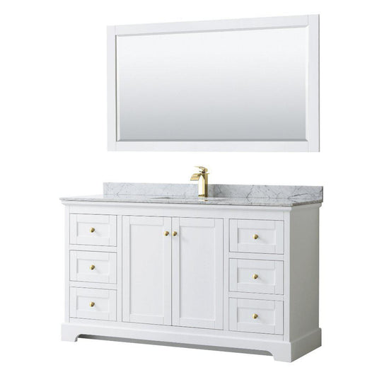 Wyndham Collection Avery 60" White Single Bathroom Vanity Set, White Carrara Marble Countertop With 1-Hole Faucet, Square Sink, 58" Mirror, Gold Trims