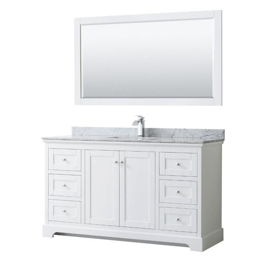 Wyndham Collection Avery 60" White Single Bathroom Vanity Set, White Carrara Marble Countertop With 1-Hole Faucet, Square Sink, 58" Mirror, Polished Chrome Trims