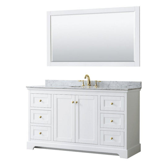 Wyndham Collection Avery 60" White Single Bathroom Vanity Set, White Carrara Marble Countertop With 3-Hole Faucet, 8" Oval Sink, 58" Mirror, Gold Trims