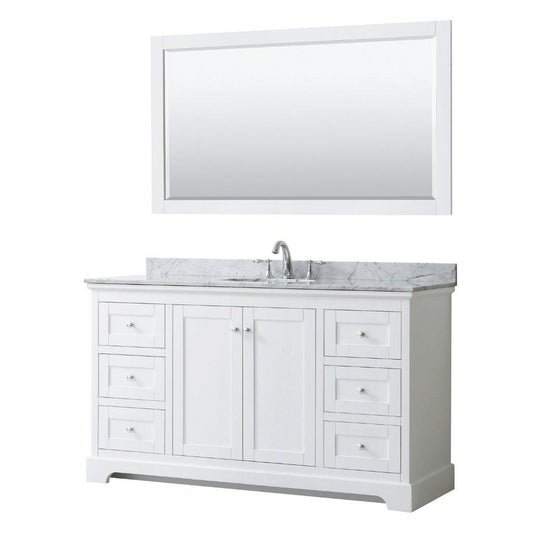 Wyndham Collection Avery 60" White Single Bathroom Vanity Set, White Carrara Marble Countertop With 3-Hole Faucet, 8" Oval Sink, 58" Mirror, Polished Chrome Trims