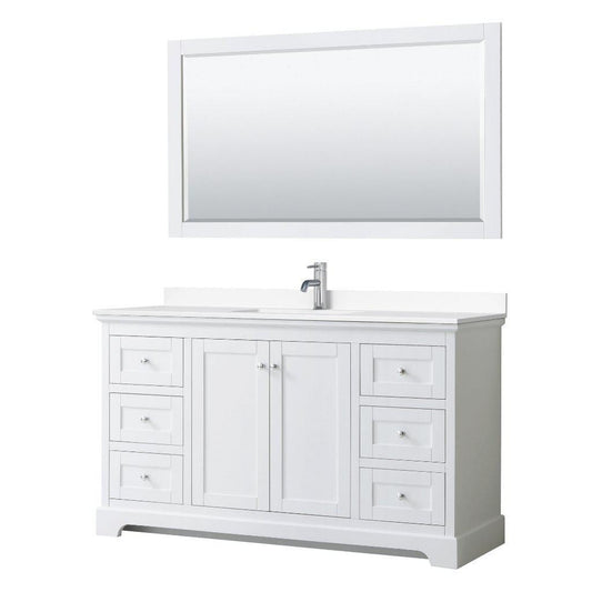 Wyndham Collection Avery 60" White Single Bathroom Vanity Set, White Cultured Marble Countertop With 1-Hole Faucet, Square Sink, 58" Mirror, Polished Chrome Trims