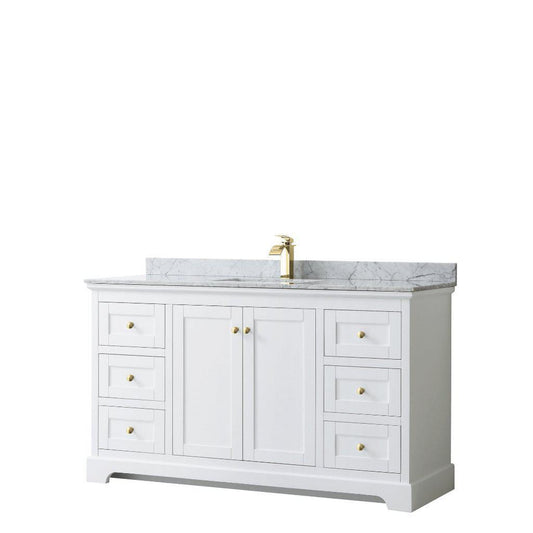 Wyndham Collection Avery 60" White Single Bathroom Vanity, White Carrara Marble Countertop With 1-Hole Faucet, Square Sink, Gold Trims