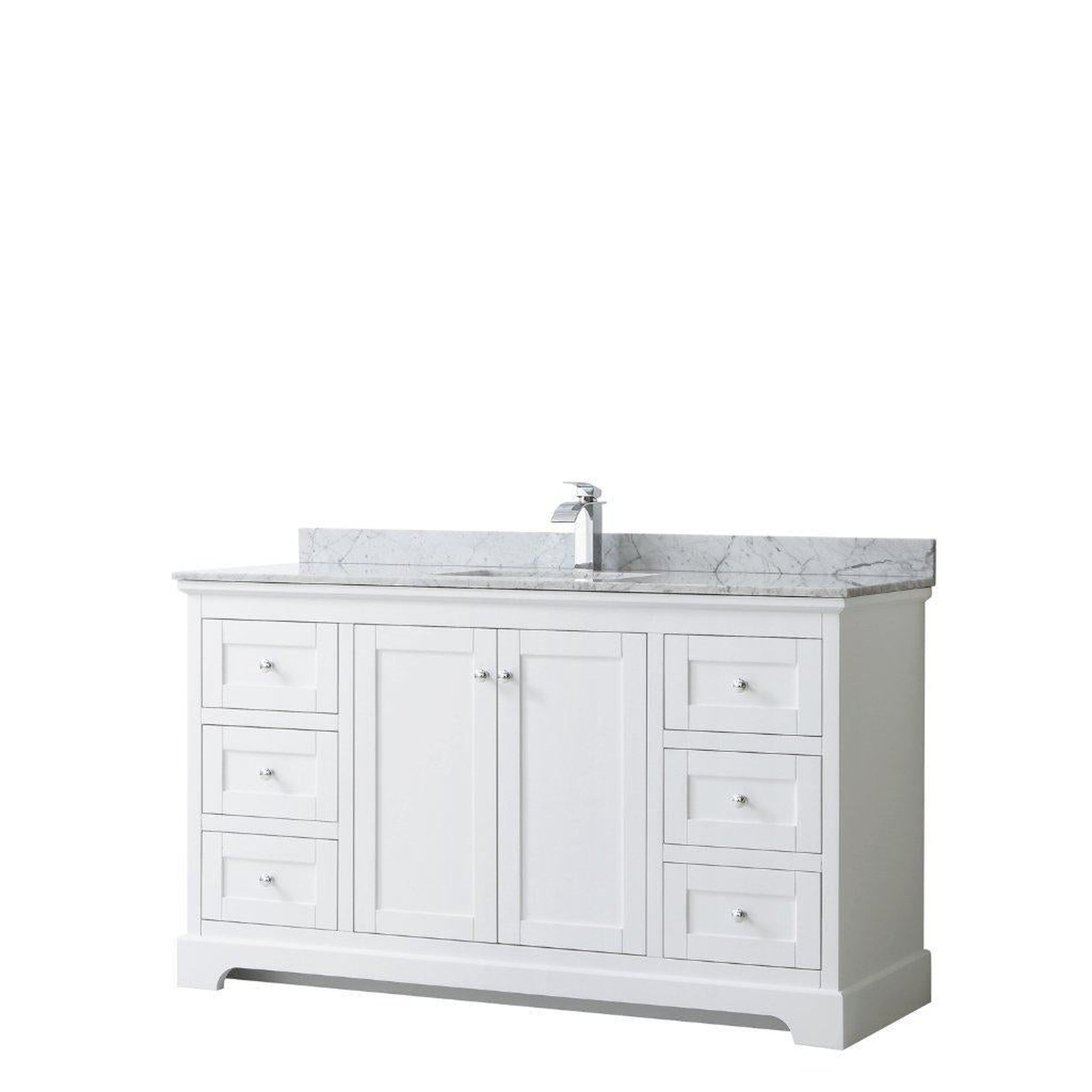 Wyndham Collection Avery 60" White Single Bathroom Vanity, White Carrara Marble Countertop With 1-Hole Faucet, Square Sink, Polished Chrome Trims