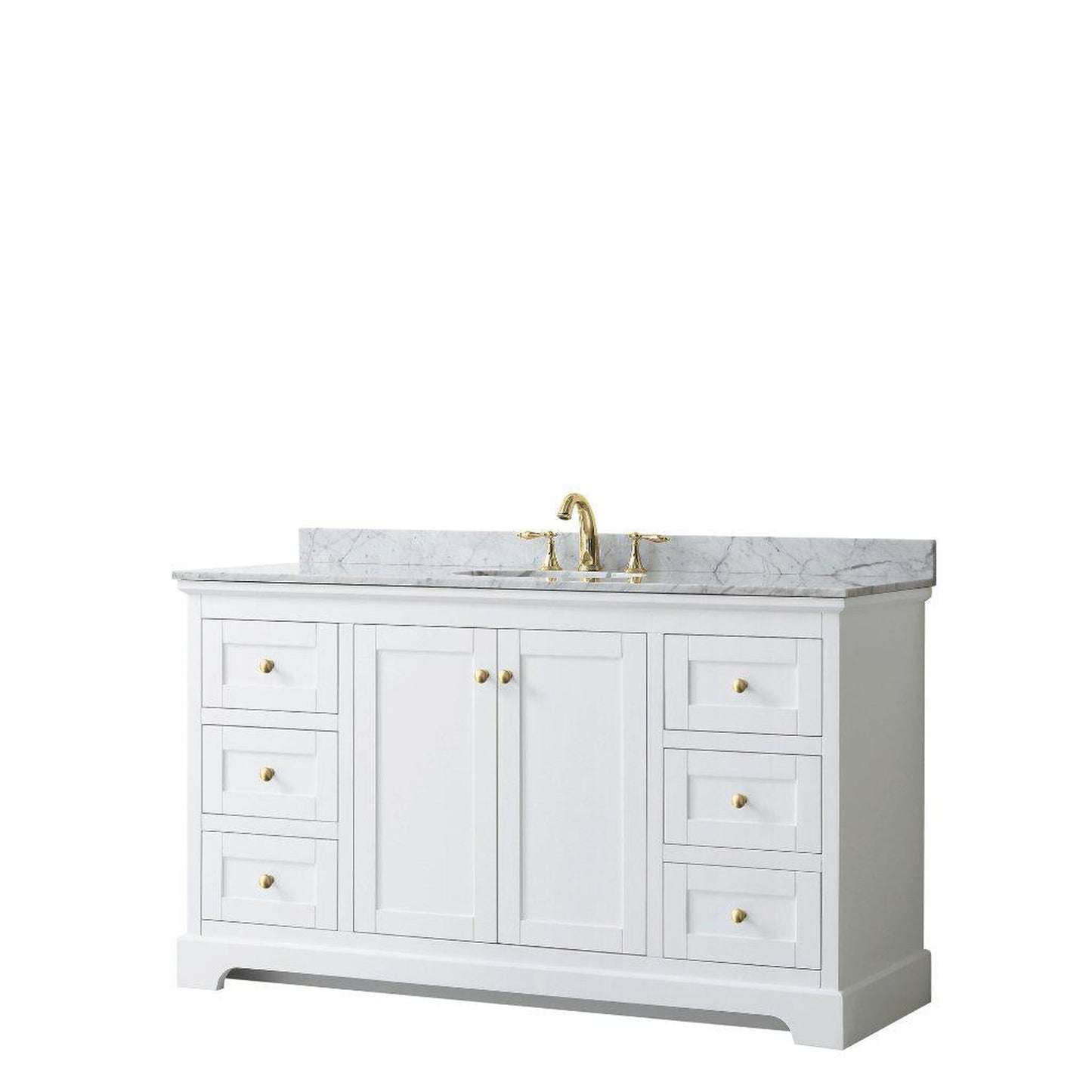 Wyndham Collection Avery 60" White Single Bathroom Vanity, White Carrara Marble Countertop With 3-Hole Faucet, 8" Oval Sink, Gold Trims