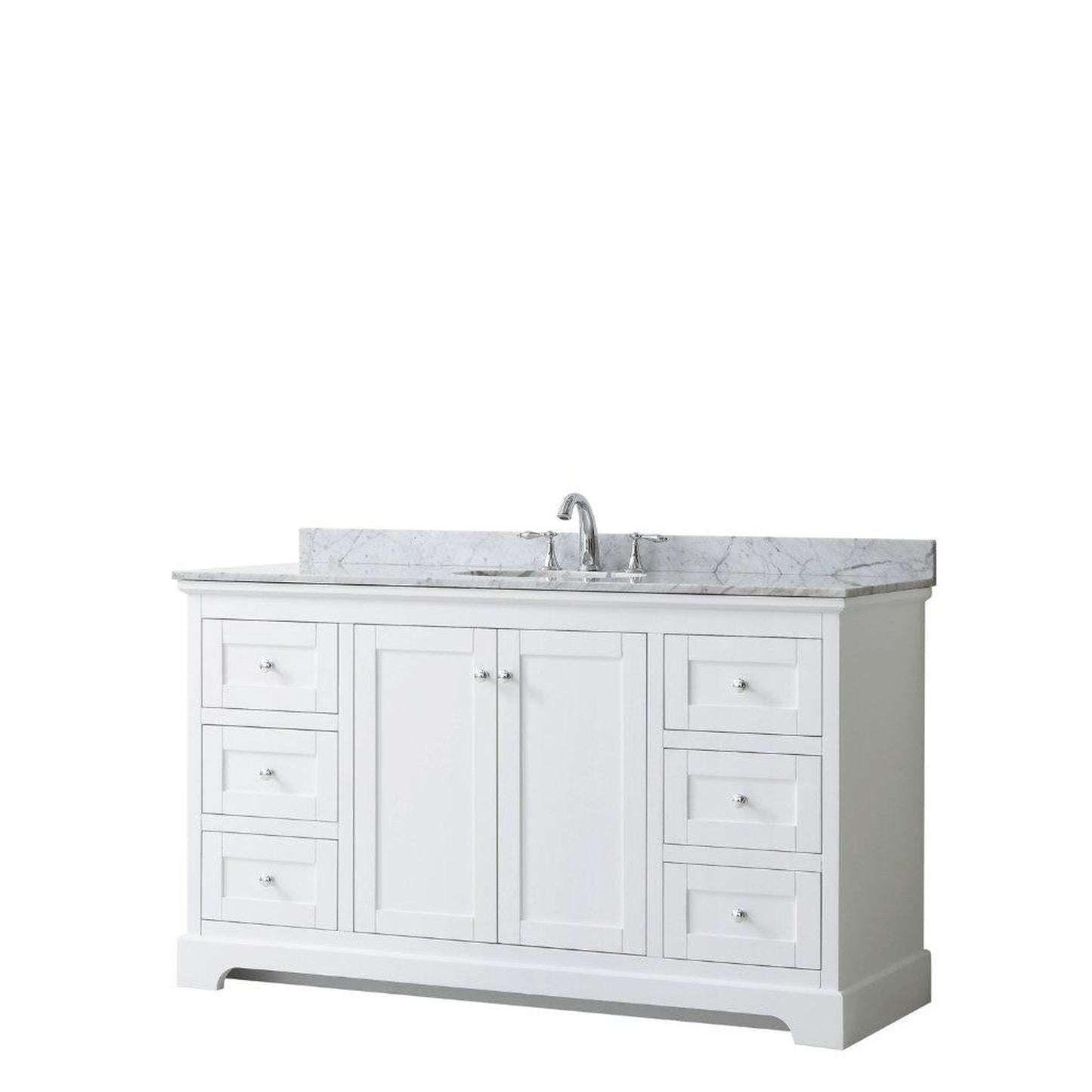 Wyndham Collection Avery 60" White Single Bathroom Vanity, White Carrara Marble Countertop With 3-Hole Faucet, 8" Oval Sink, Polished Chrome Trims