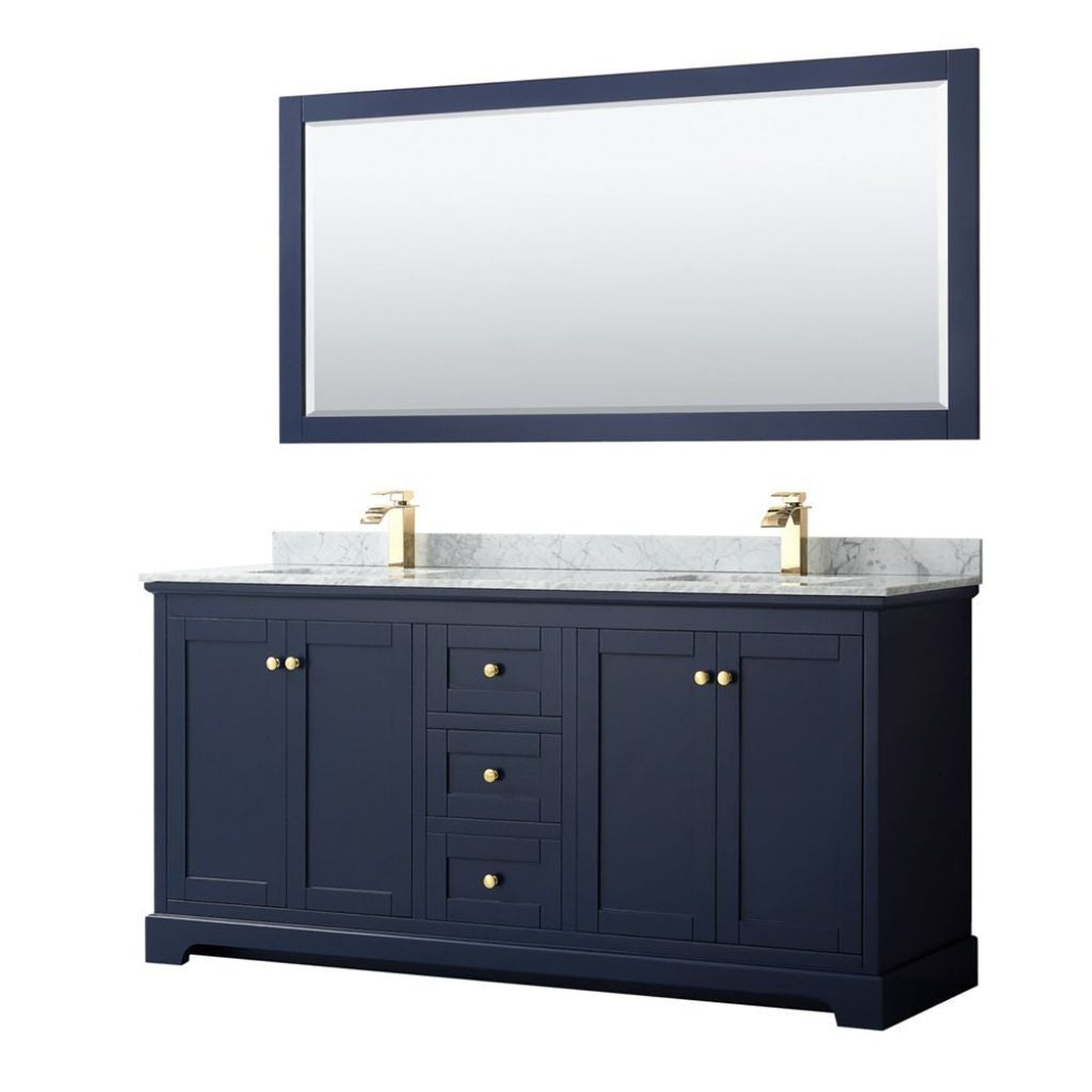 Wyndham Collection Avery 72" Dark Blue Double Bathroom Vanity Set With White Carrara Marble Countertop With 1-Hole Faucet And Square Sink And 70" Mirror
